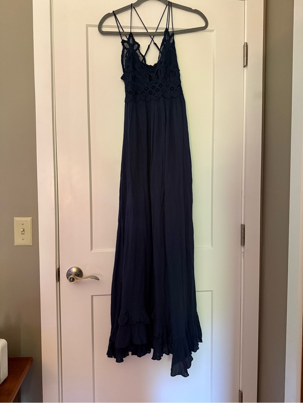 Free People Navy Lace-Bodice Maxi Dress with Crisscross Straps - Picture 2 of 3
